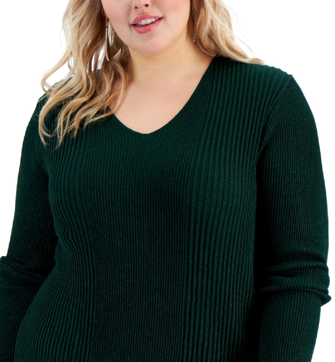 Alfani Women's Ribbed Shine V Neck Sweater Green Size 1X