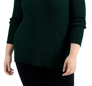 Alfani Women's Ribbed Shine V Neck Sweater Green Size 1X