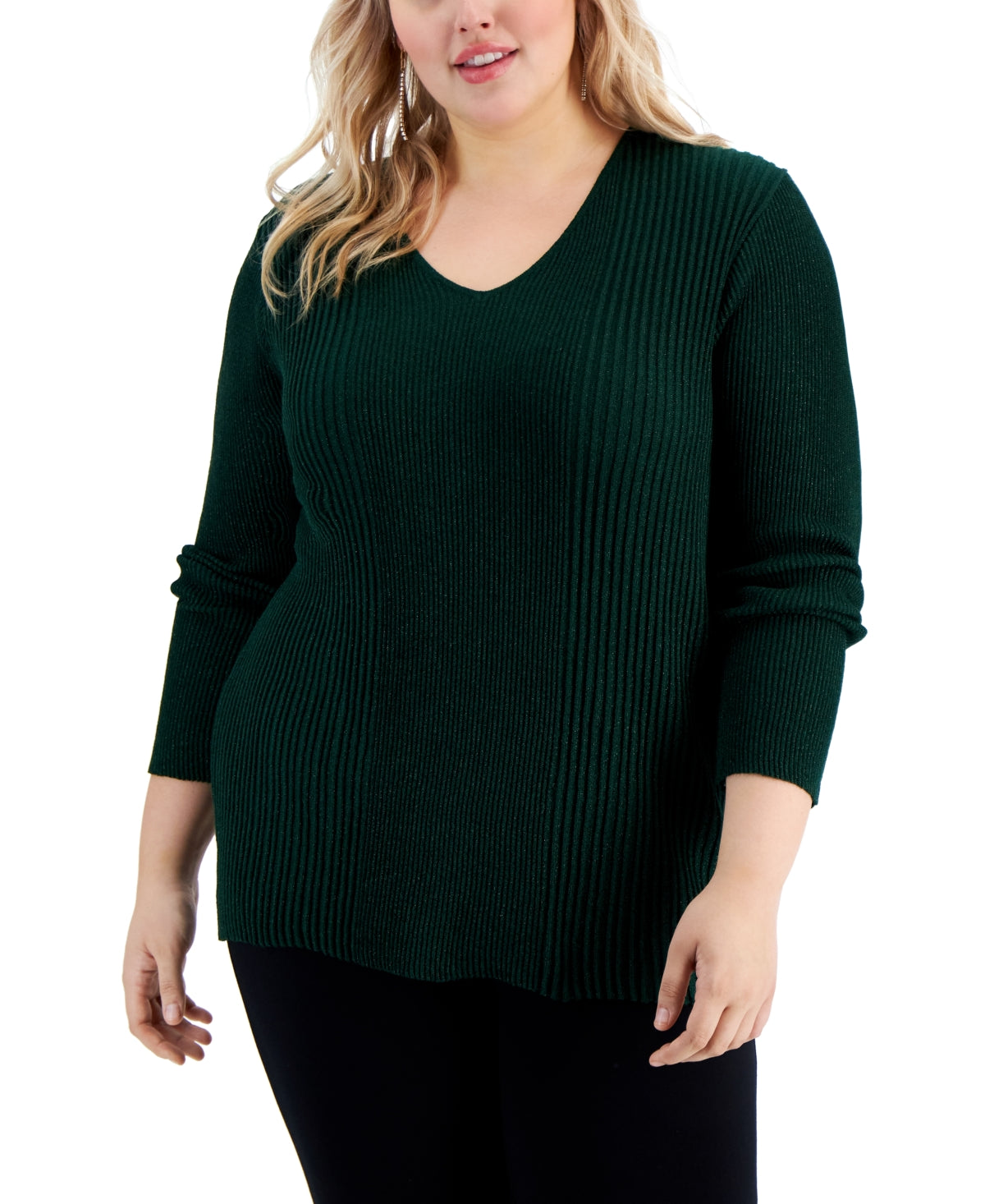 Alfani Women's Ribbed Shine V Neck Sweater Green Size 1X