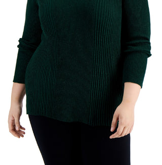 Alfani Women's Ribbed Shine V Neck Sweater Green Size 3X