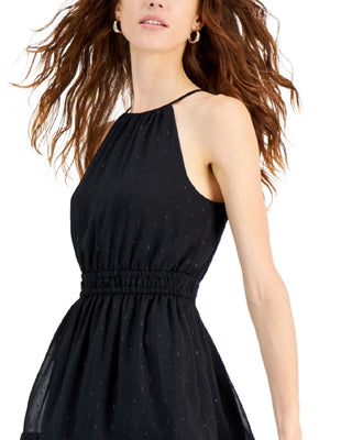 INC International Concepts Women's Clip Dot Tiered Halter Mini Dress Black Size Small