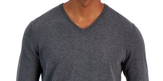 Alfani Men's Solid V Neck Cotton Sweater Gray Size Medium