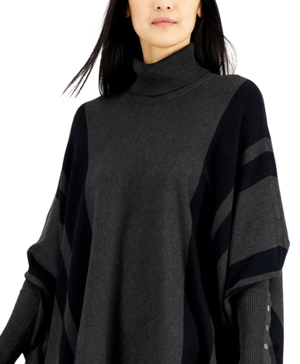 Alfani Women's Striped Turtleneck Poncho Sweater Gray Size Small