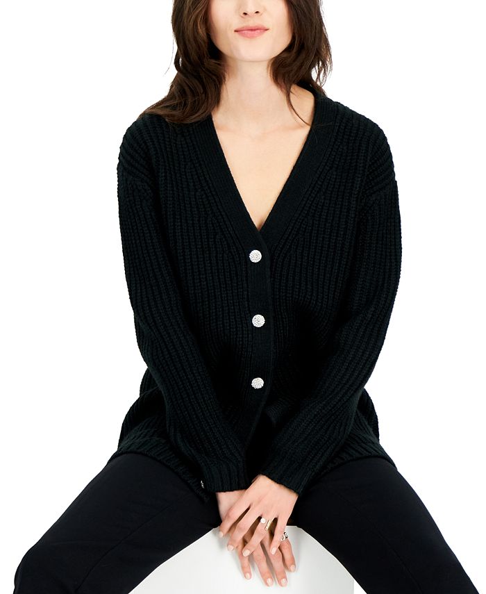 INC International Concepts Women's Rhinestone Button Chunky Cardigan Black Size Large