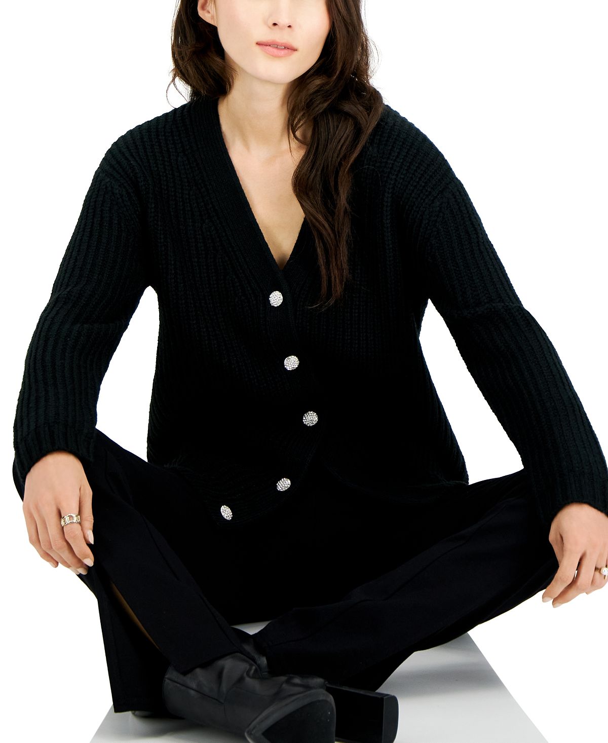 INC International Concepts Women's Rhinestone Button Chunky Cardigan Black Size Large