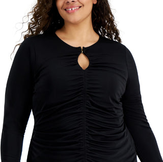 INC International Concepts Women's Keyhole Ruched Front Top Black Size 2X