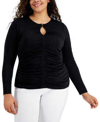 INC International Concepts Women's Keyhole Ruched Front Top Black Size 2X