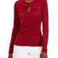 INC International Concepts Women's Solid Ruched Front Keyhole Knit Top Red Size Small