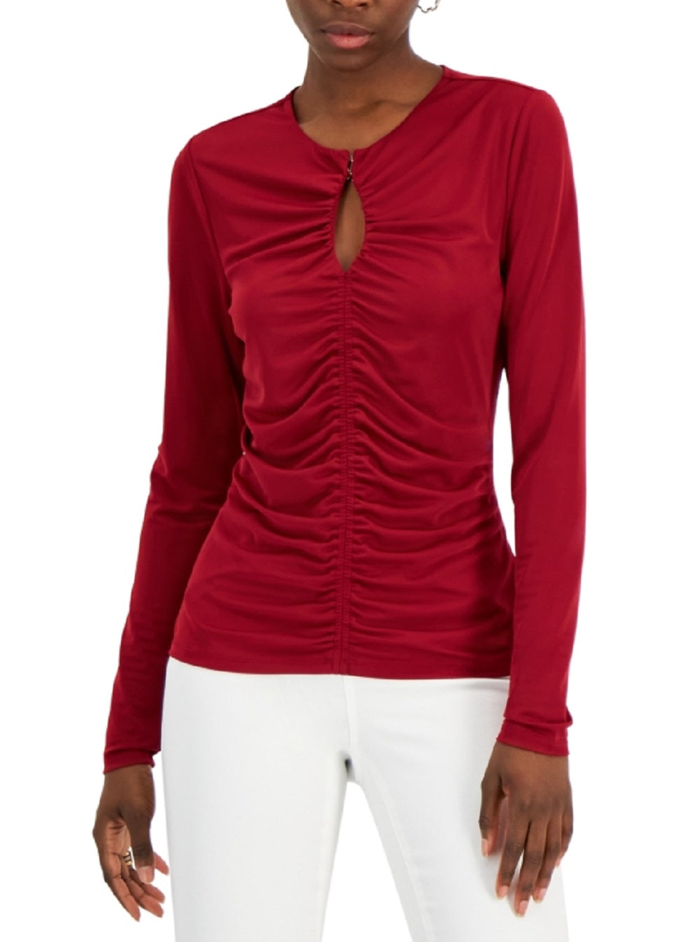 INC International Concepts Women's Solid Ruched Front Keyhole Knit Top Red Size Small