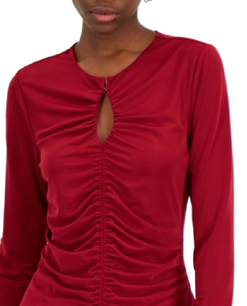 INC International Concepts Women's Solid Ruched Front Keyhole Knit Top Red Size Small