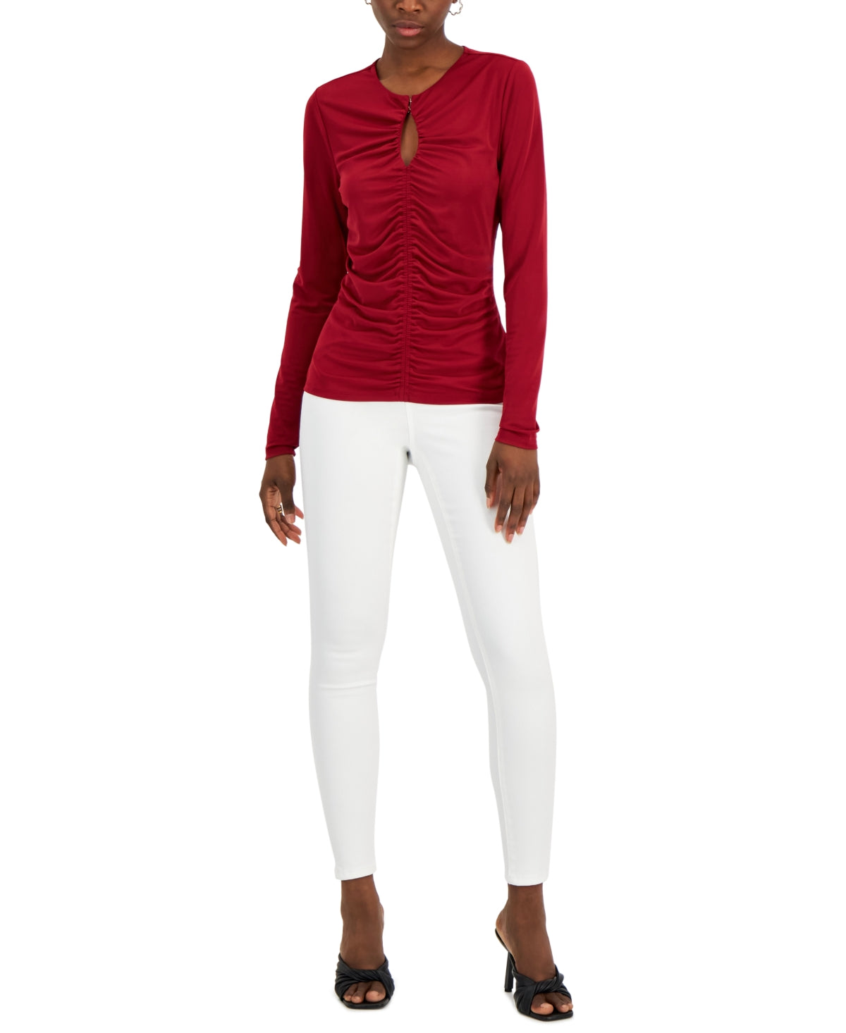 INC International Concepts Women's Solid Ruched Front Keyhole Knit Top Red Size Small