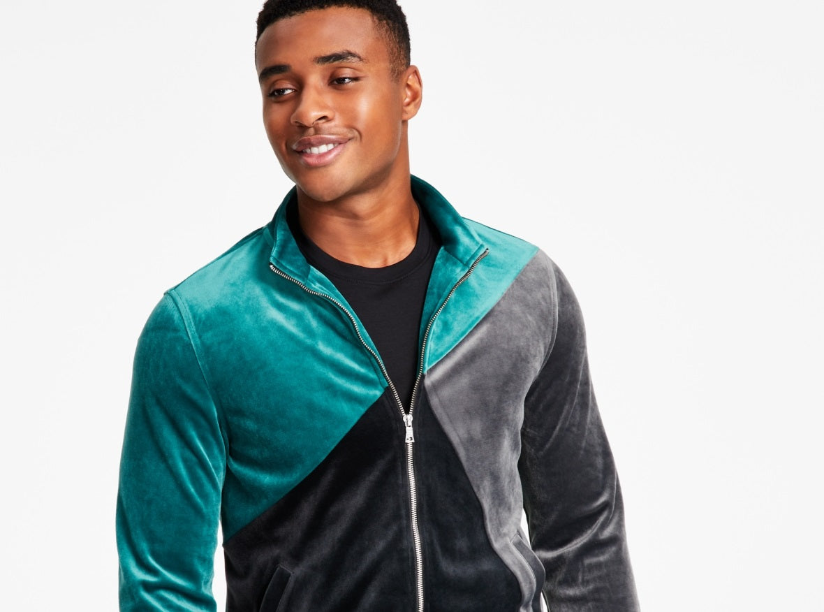 INC International Concepts Men's Regular Fit Pieced Colorblocked Velour Jacket Green Size Small
