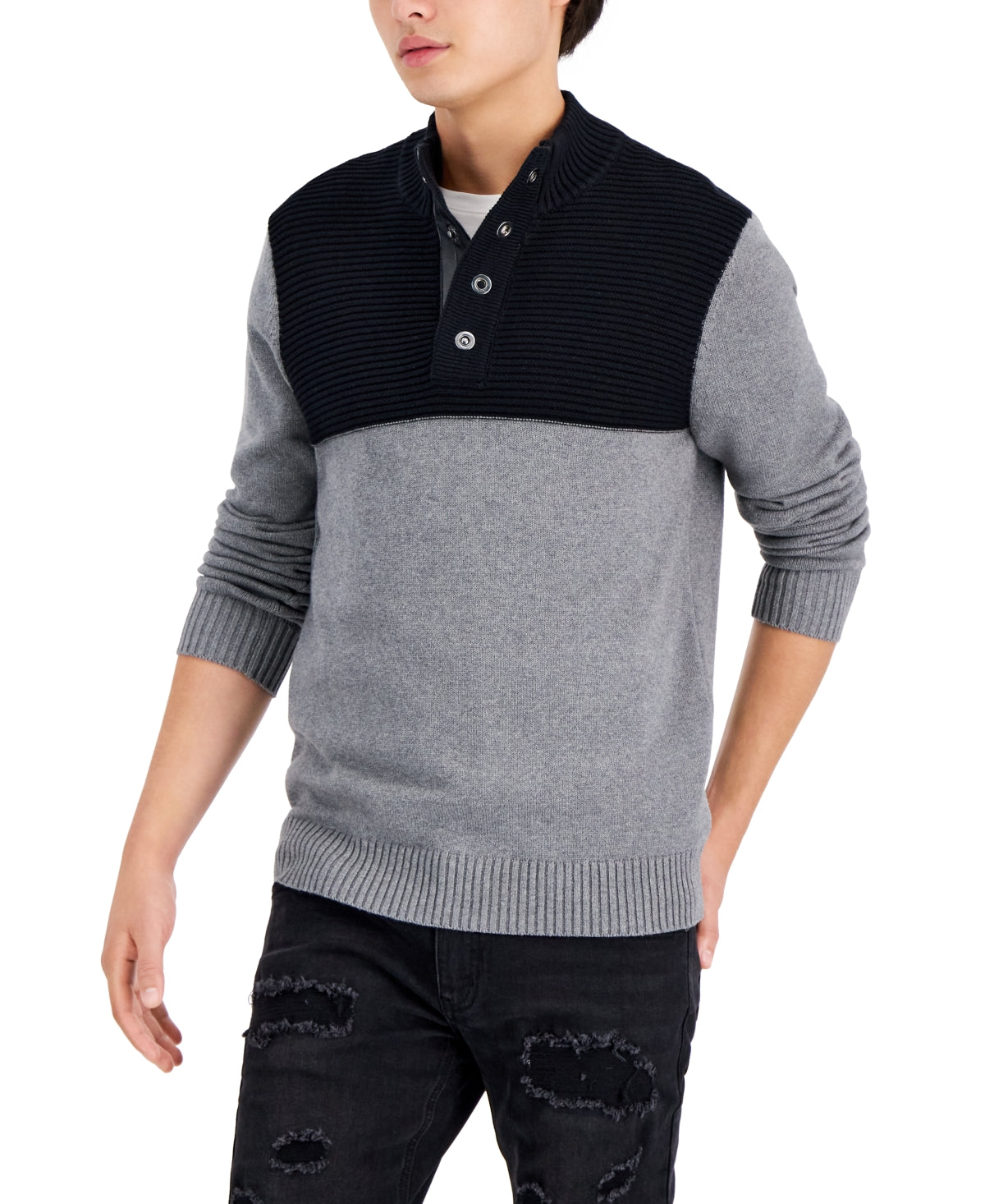 INC International Concepts Men's Colorblocked Mock Neck Sweater Gray Size XX-Large