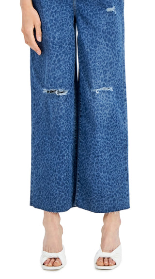 INC International Concepts Women's Animal Print Destructed Wide Leg Jeans Blue Size 4