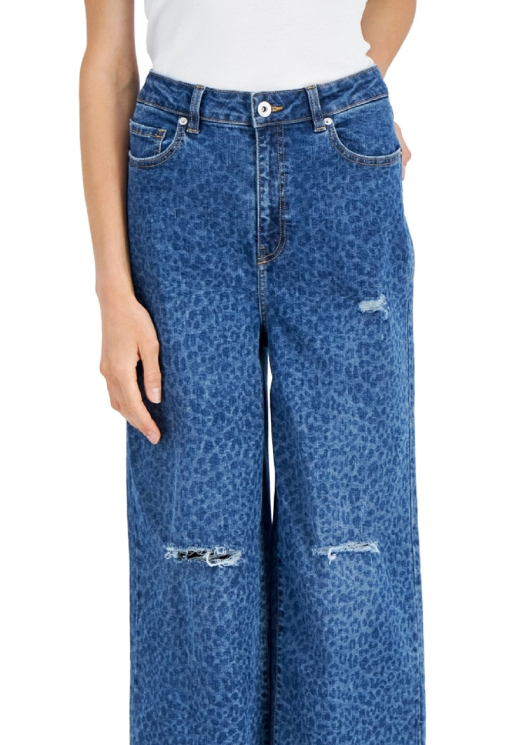 INC International Concepts Women's Animal Print Destructed Wide Leg Jeans Blue Size 6