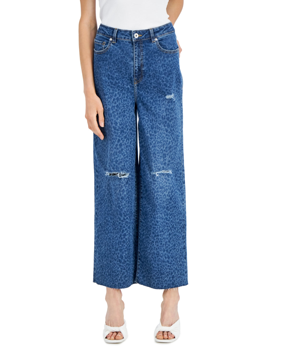 INC International Concepts Women's Animal Print Destructed Wide Leg Jeans Blue Size 6