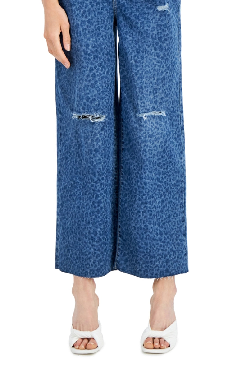 INC International Concepts Women's Animal Print Destructed Wide Leg Jeans Blue Size 14