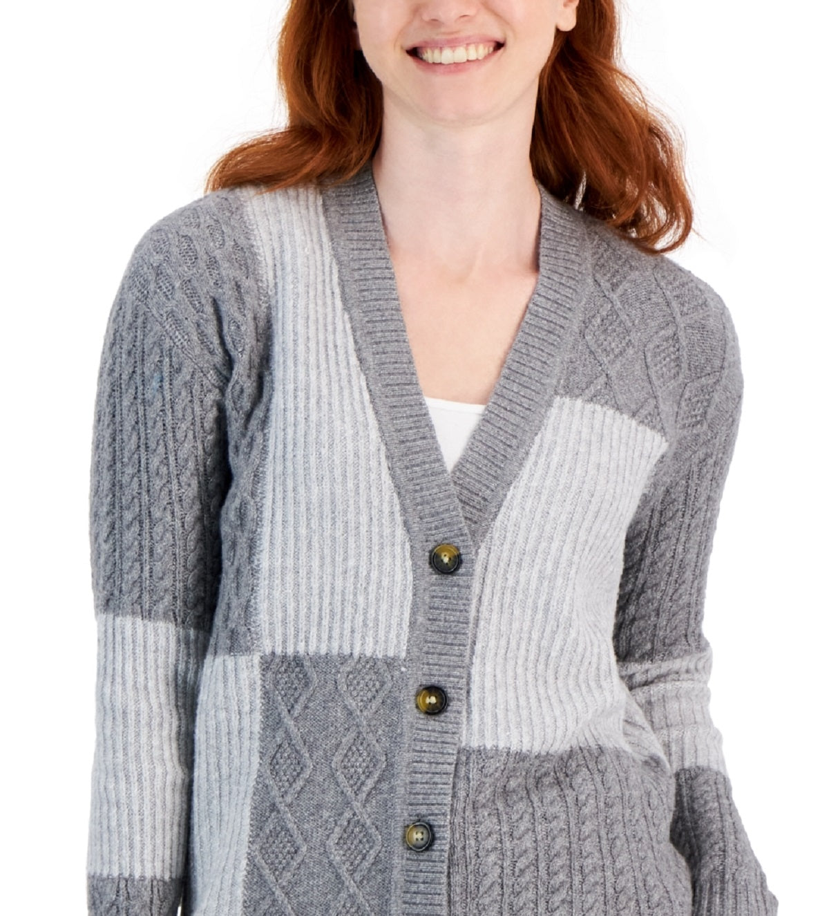 Charter Club Women's Patchwork Knit Cardigan Gray Size X-Small