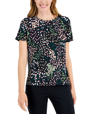 Alfani Women's Printed Step Hem T-Shirt Green Size Petite Medium