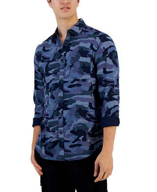 Alfani Men's Camo Print Button Front Long-Sleeve Pocket Shirt Blue Size Medium