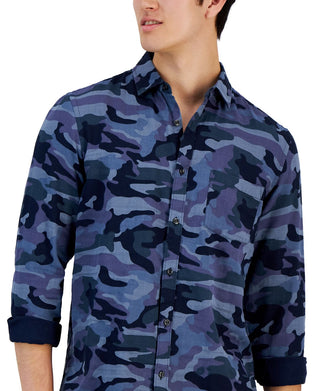 Alfani Men's Camo Print Button Front Long-Sleeve Pocket Shirt Blue Size Medium