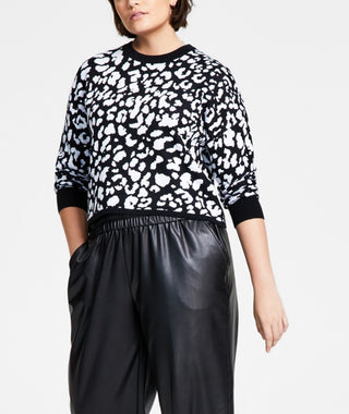 Bar III Women's Cheetah Jacquard Sweater Black Size X-Large