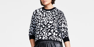 Bar III Women's Cheetah Jacquard Sweater Black Size XX-Small