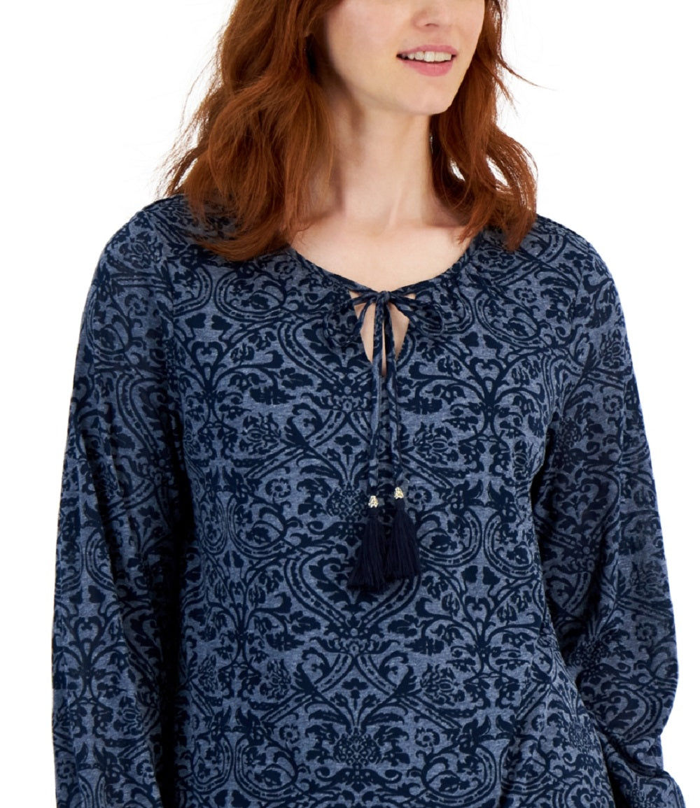 JM Collection Women's Printed Peasant Blouse Blue Size Small