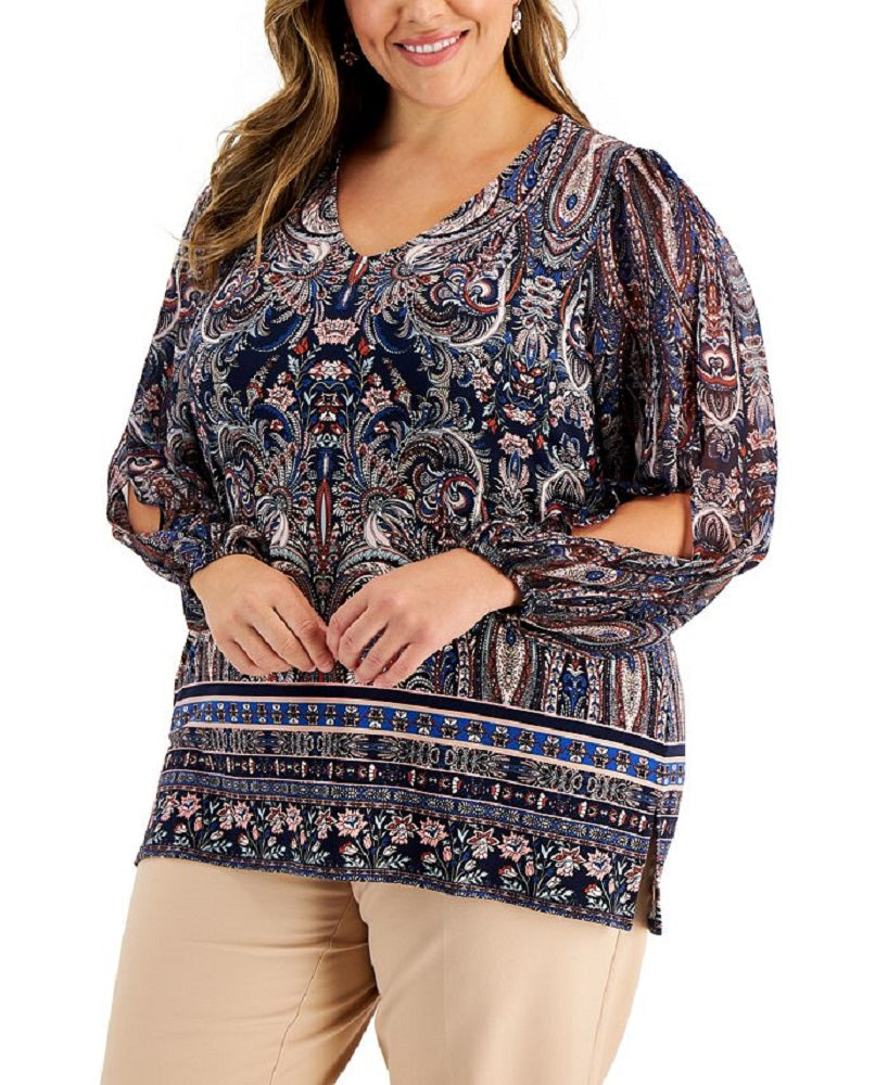 JM Collection Women's Paisley Print Split Sleeve Top Blue Size 3X