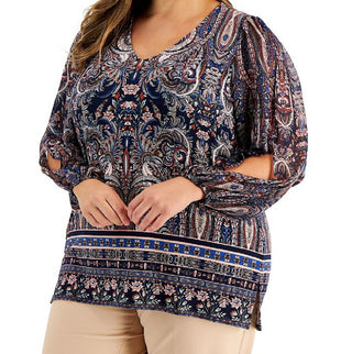 JM Collection Women's Paisley Print Split Sleeve Top Blue Size 3X