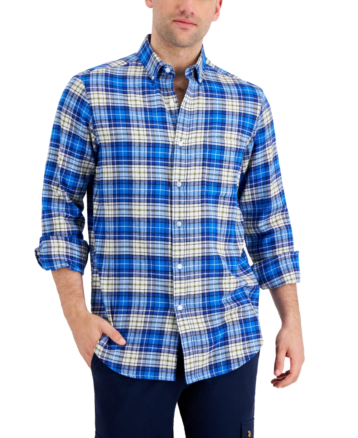 Club Room Men's Regular Fit Plaid Flannel Shirt Blue Size Large