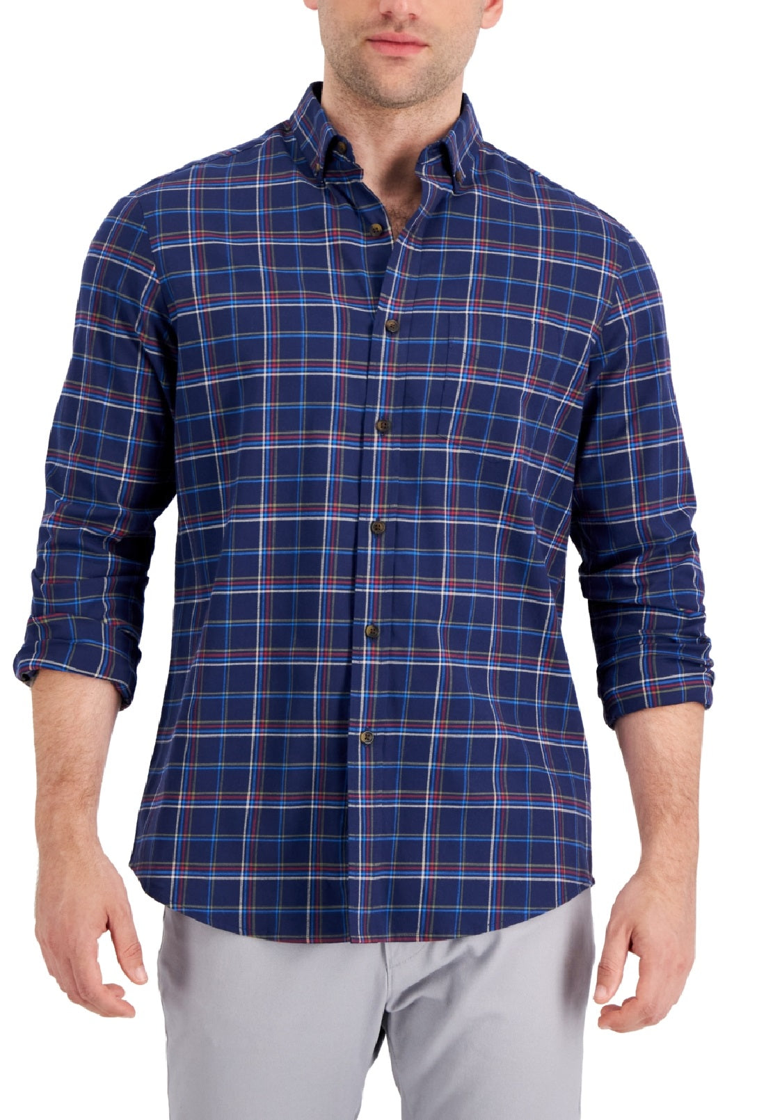 Club Room Men's Regula Fit Brushed Plaid Shirt Blue Size Large