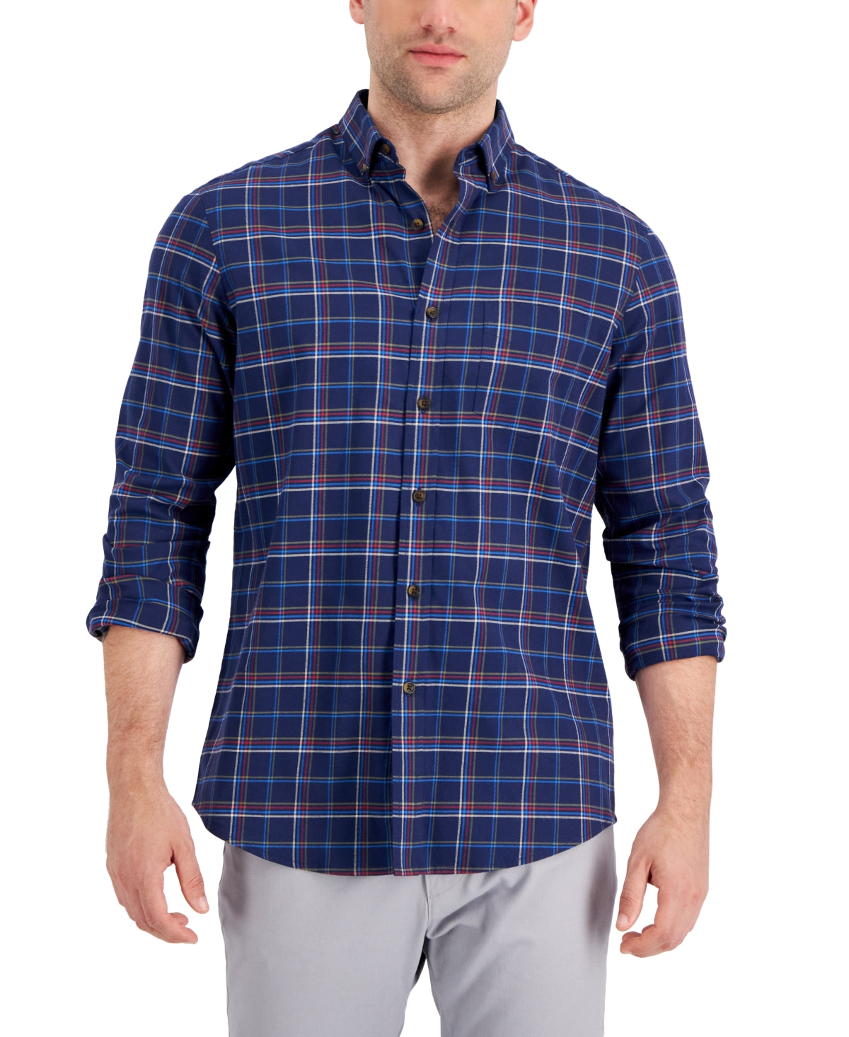 Club Room Men's Regular Fit Brushed Plaid Shirt Blue Size XX-Large