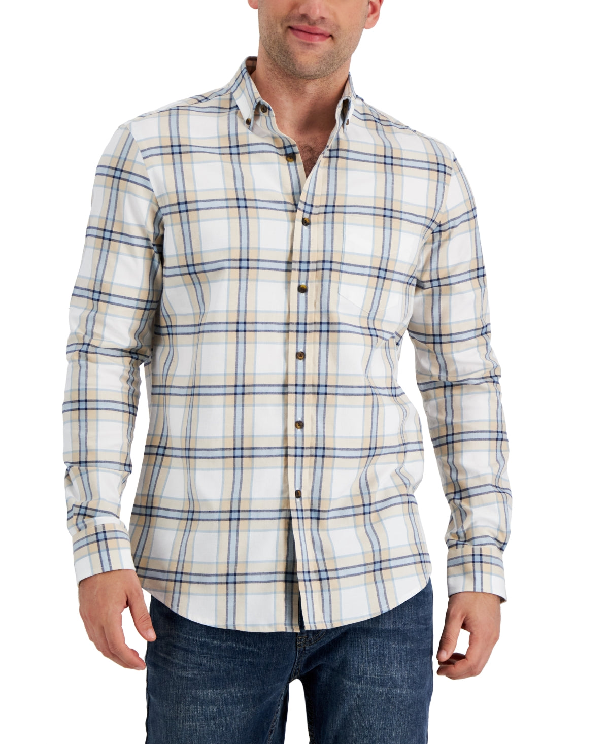 Club Room Men's Regular Fit Brushed Plaid Shirt Brown Size Small