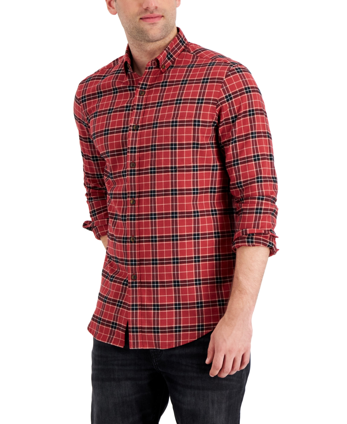 Club Room Men's Regular Fit Brushed Plaid Shirt Red Size Large
