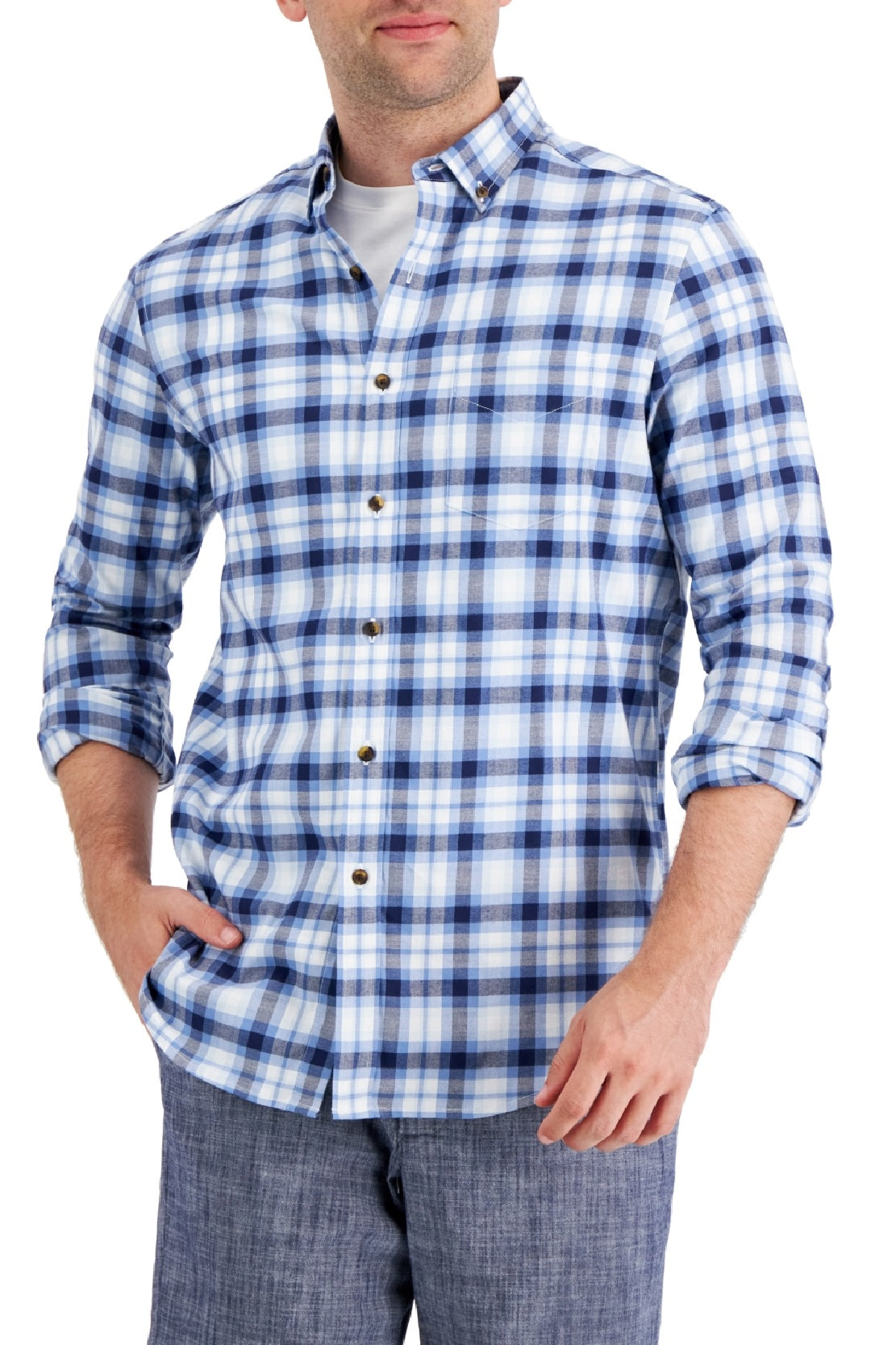 Club Room Men's Regula Fit Brushed Plaid Shirt Blue Size Large