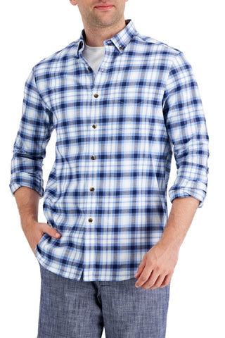 Club Room Men's Regula Fit Brushed Plaid Shirt Blue Size Large