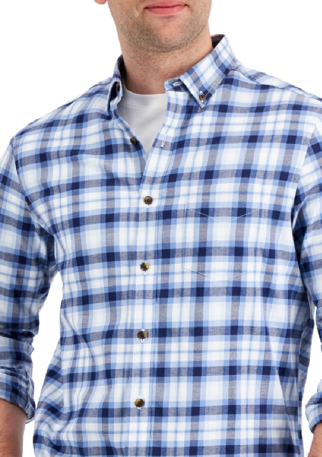 Club Room Men's Regula Fit Brushed Plaid Shirt Blue Size Large