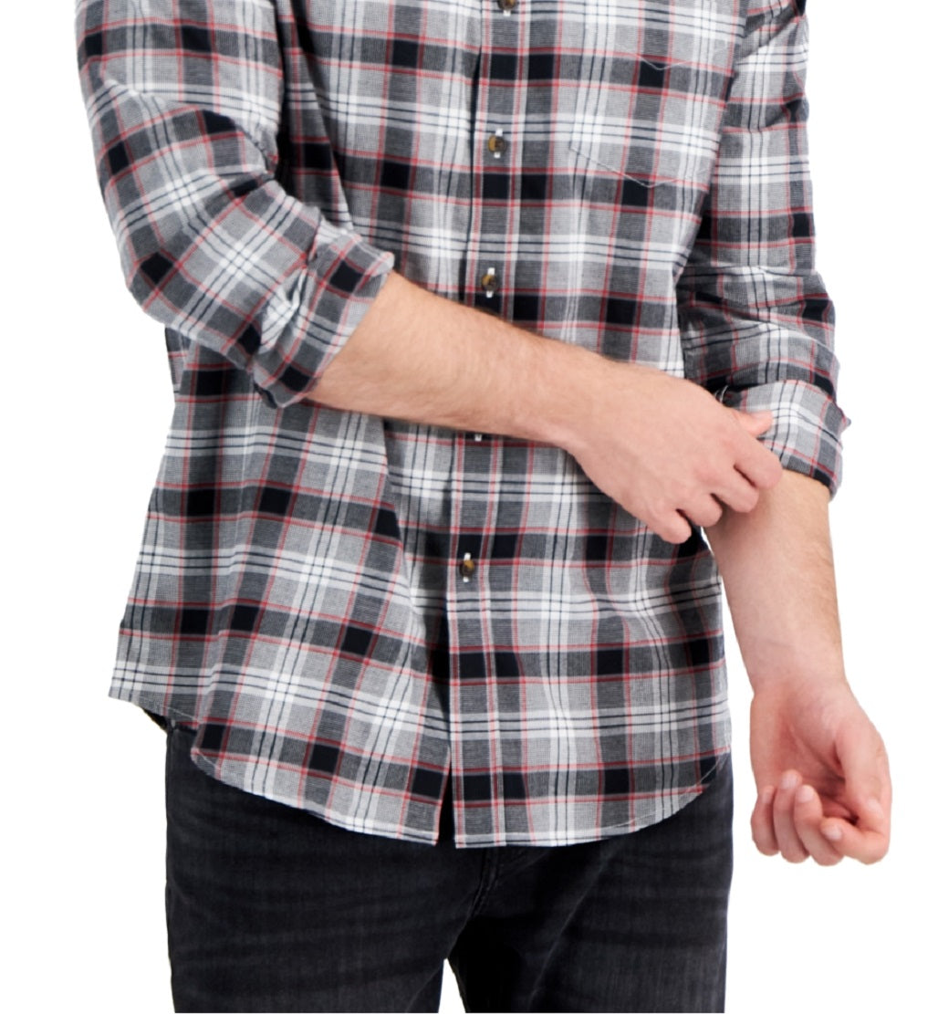 Club Room Men's Regular Fit Brushed Plaid Shirt Black Size Large