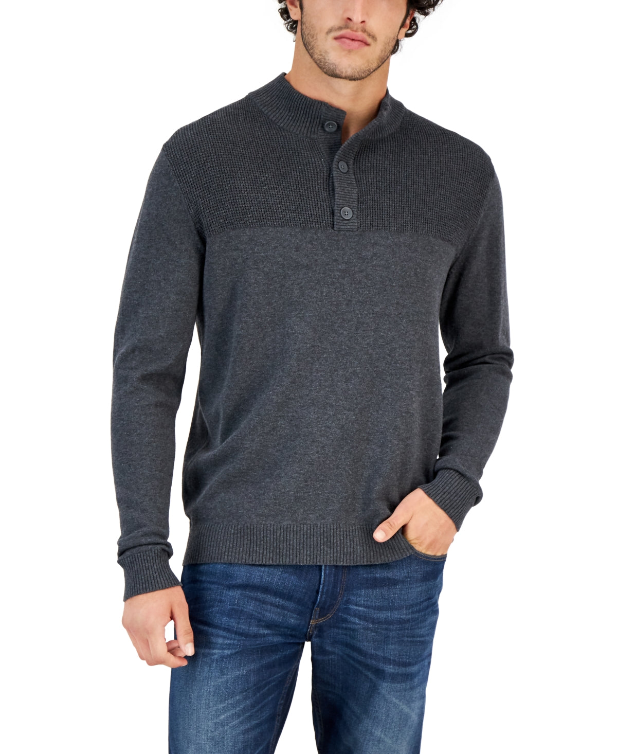 Club Room Men's Button Mock Neck Sweater Gray Size X-Large