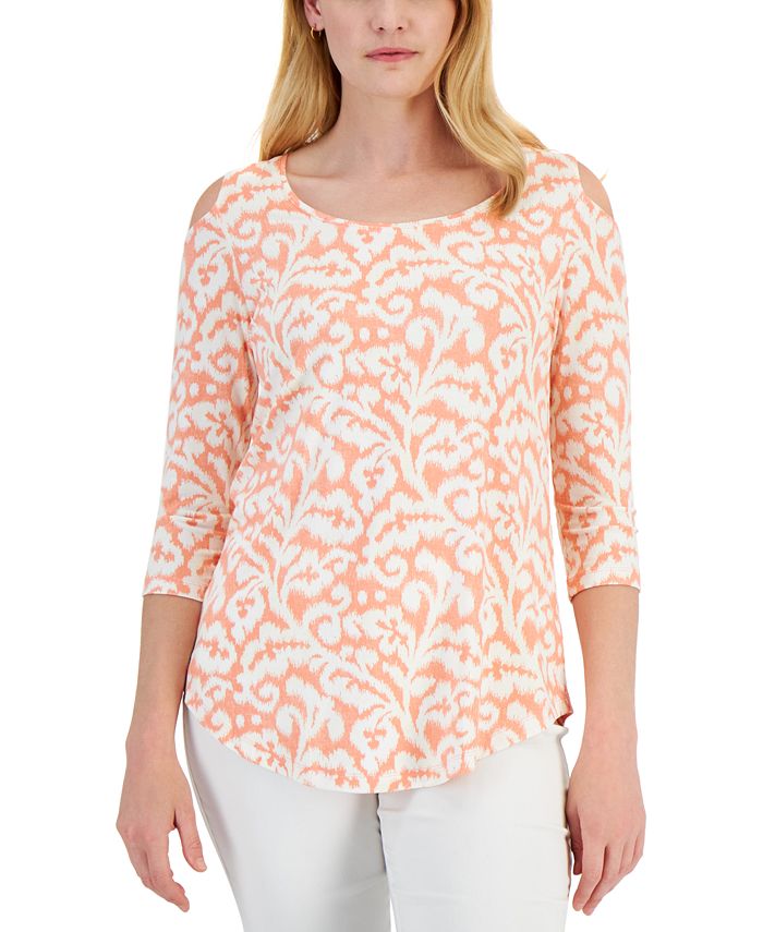 JM Collection Women's Floral Print Jacquard Top Pink Size Petite Large