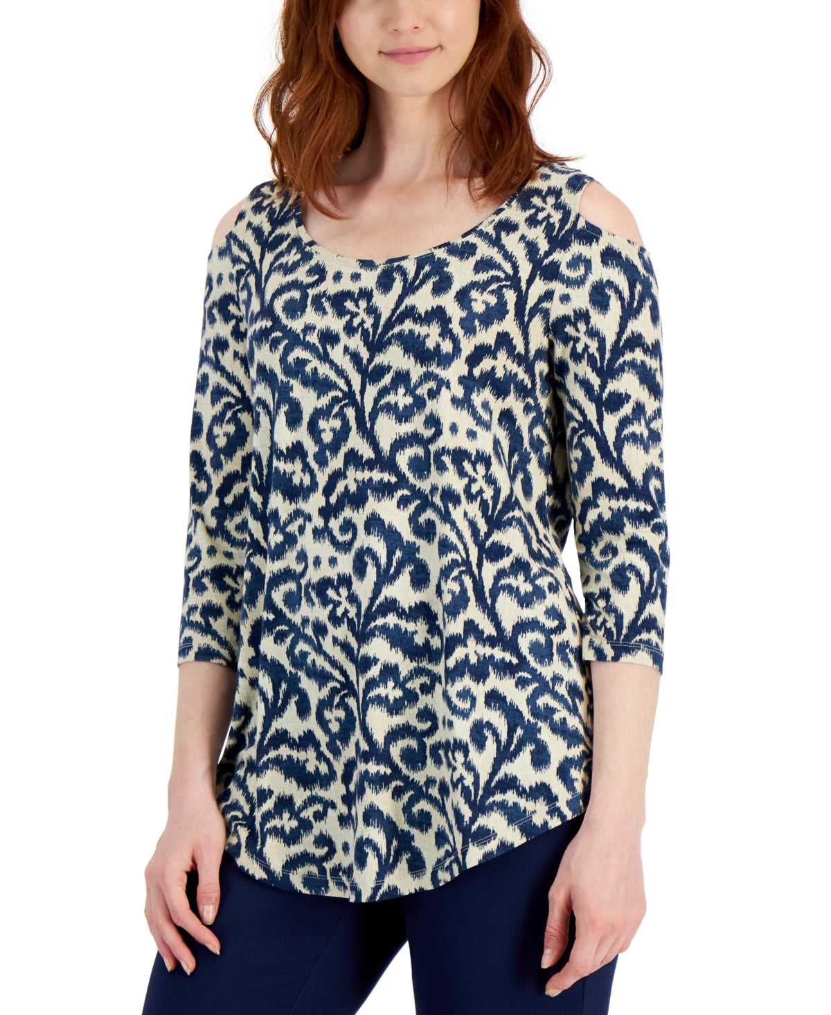 JM Collection Women's Printed Burnout Top Blue Size Large