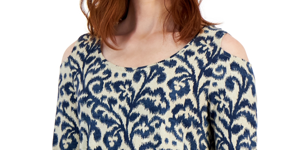 JM Collection Women's Printed Burnout Top Blue Size Large