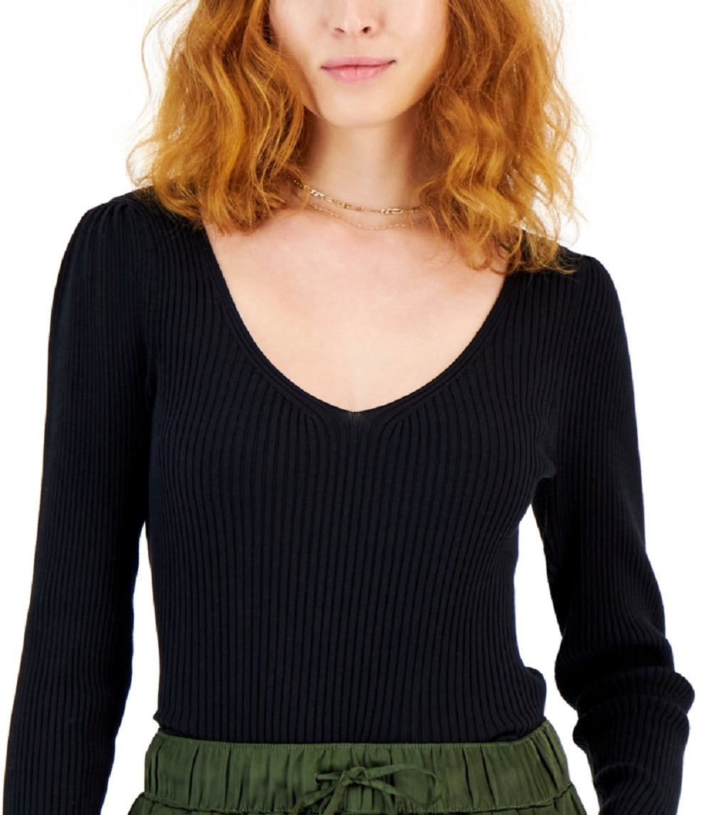 INC International Concepts Women's Ribbed Puffed-Shoulder Sweater Black Size X-Large