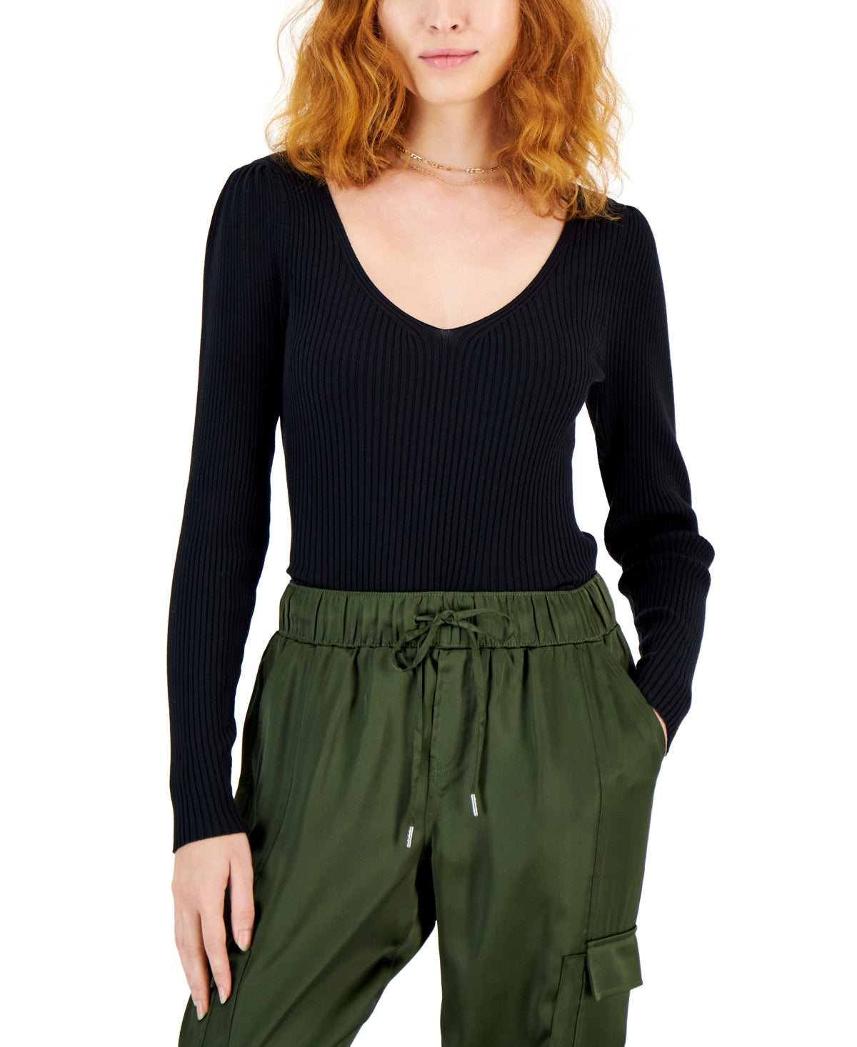 INC International Concepts Women's Ribbed Puffed-Shoulder Sweater Black Size X-Large