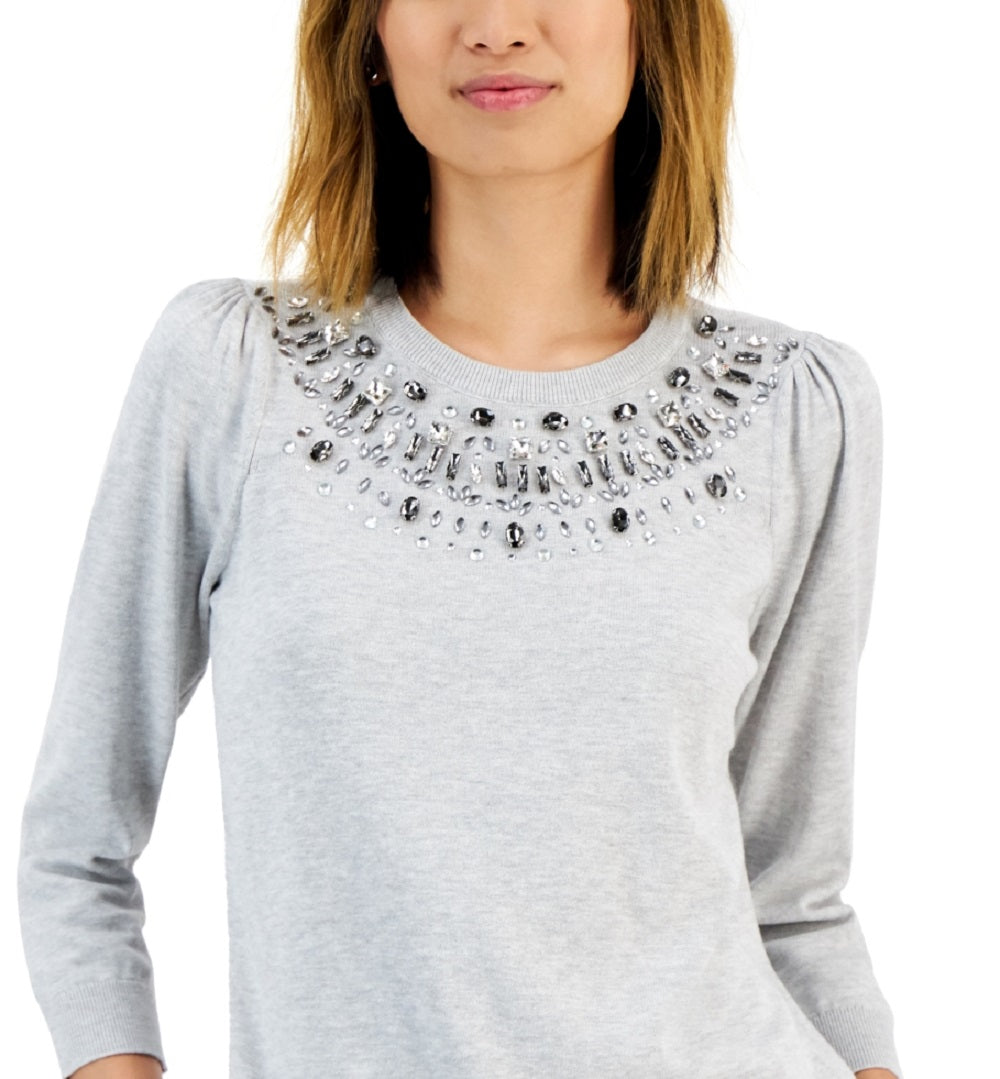 Charter Club Women's Embellished Puff Sleeve Sweater Gray Size Medium