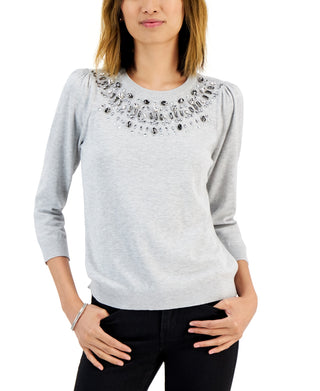 Charter Club Women's Embellished Puff Sleeve Sweater Gray Size Medium