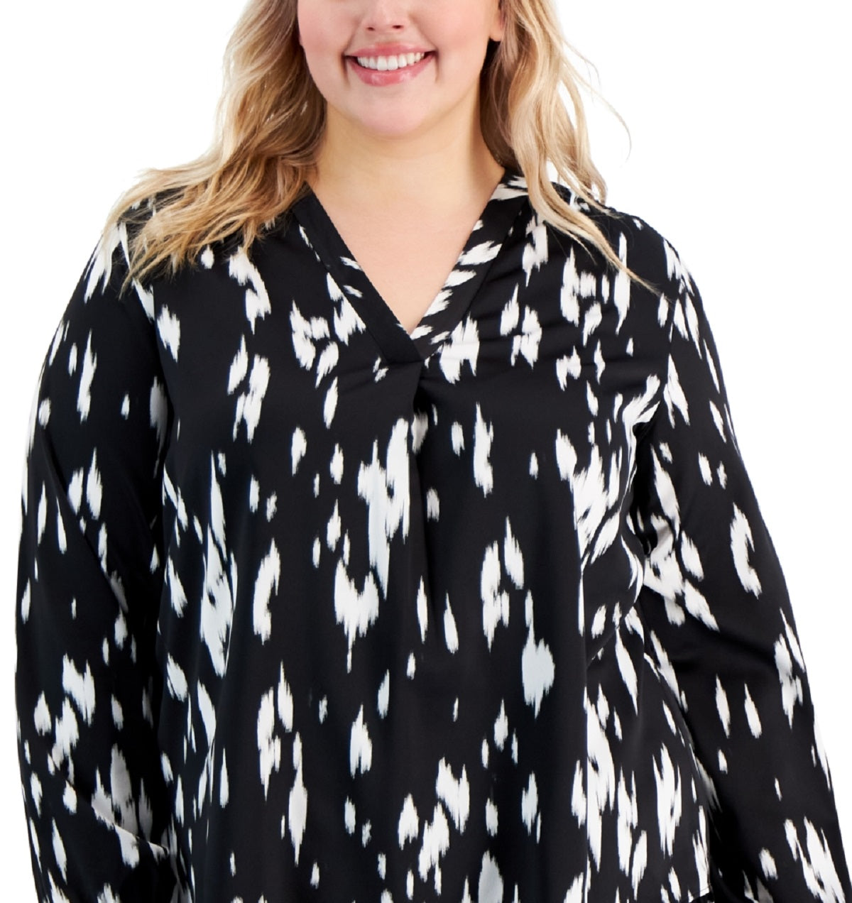 Alfani Women's Printed V Neck High Low Top Black Size 2X
