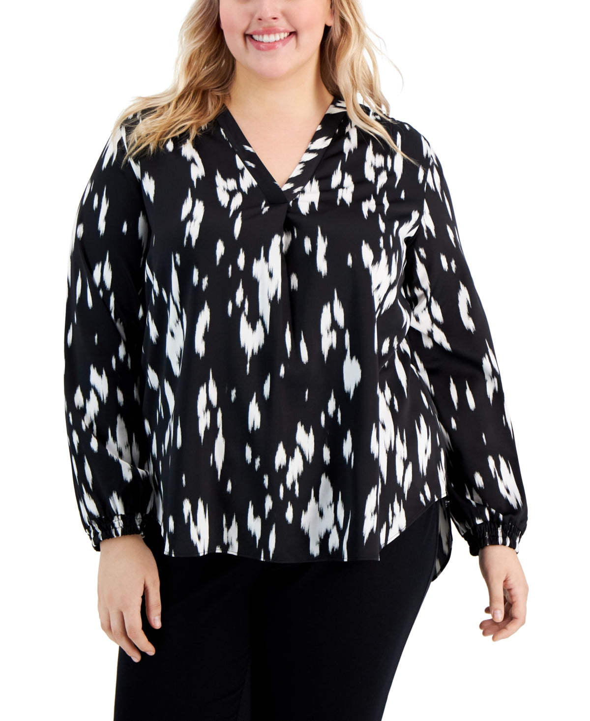 Alfani Women's Printed V Neck High Low Top Black Size 2X