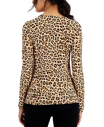 INC International Concepts Women's Leopard Ruched Front Top Brown Size X-Small